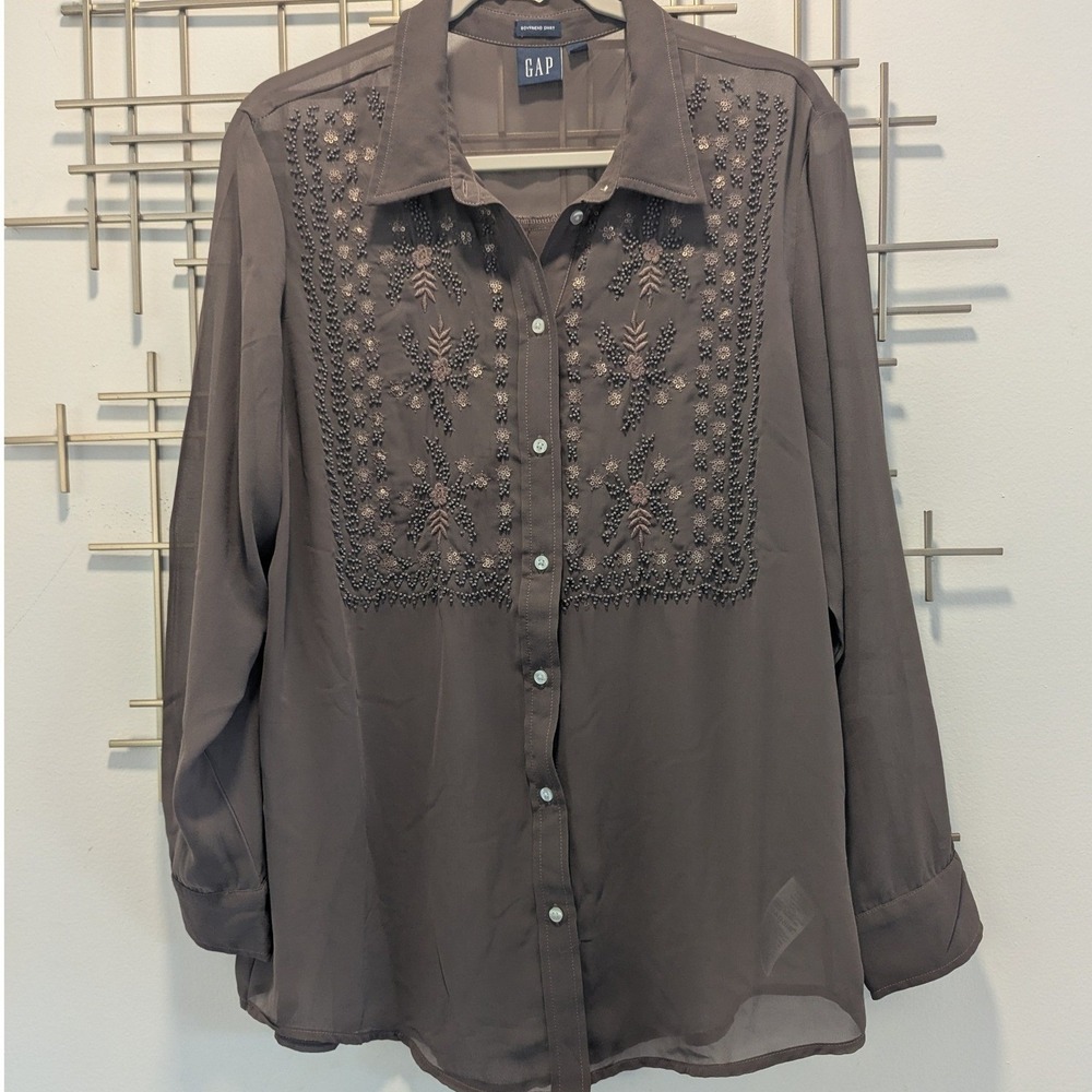 Gap Boyfriend Shirt Brown Beaded Sequin Sheer Blouse Sz LP Whimsigoth Ethereal